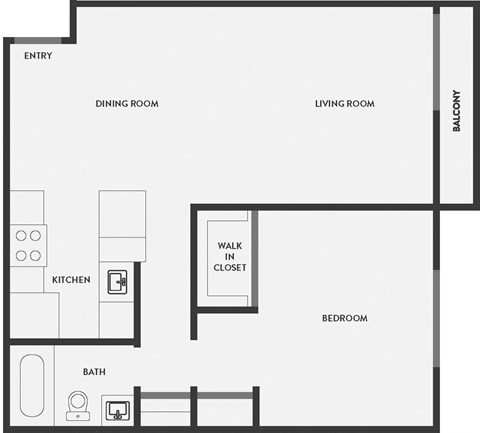 Floor plan for 1 bed, 1 bath, 683 sqft
